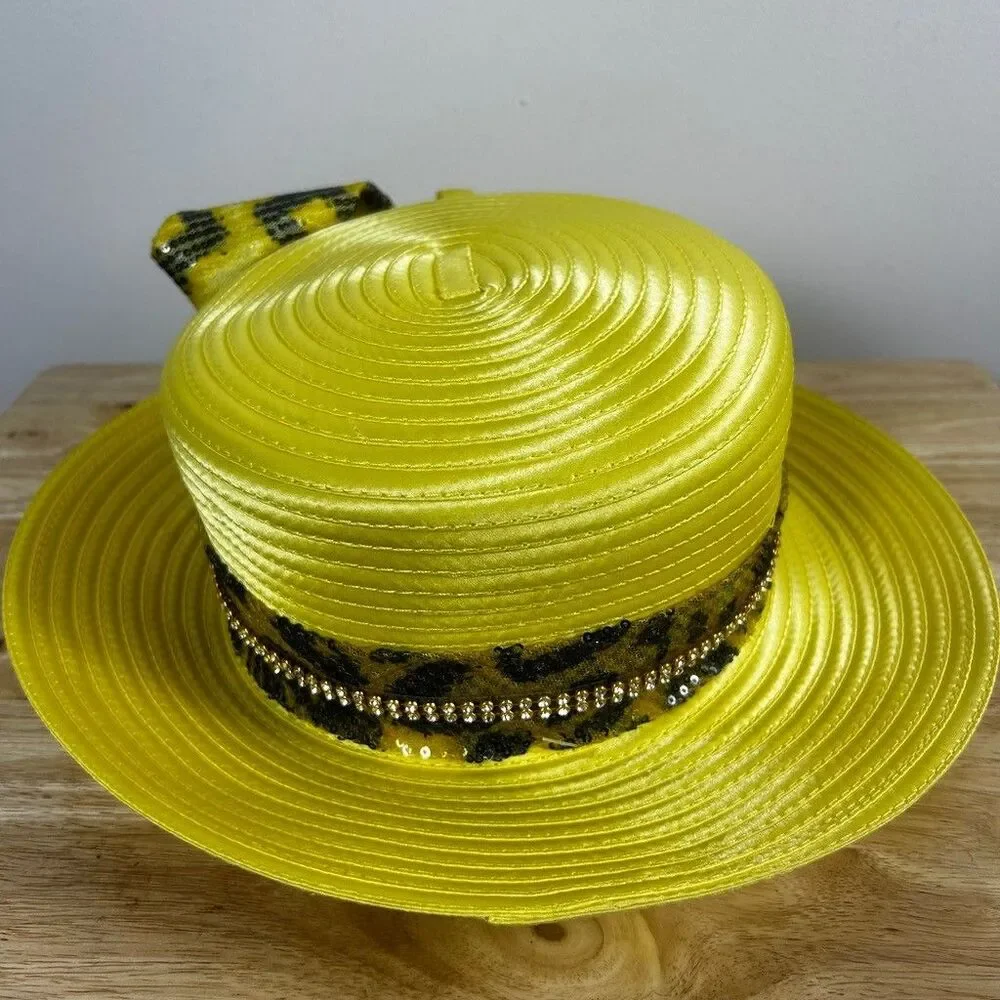 Especially Yours EY Signature Church Hat Yellow Satin Leopard Print Rhinestone